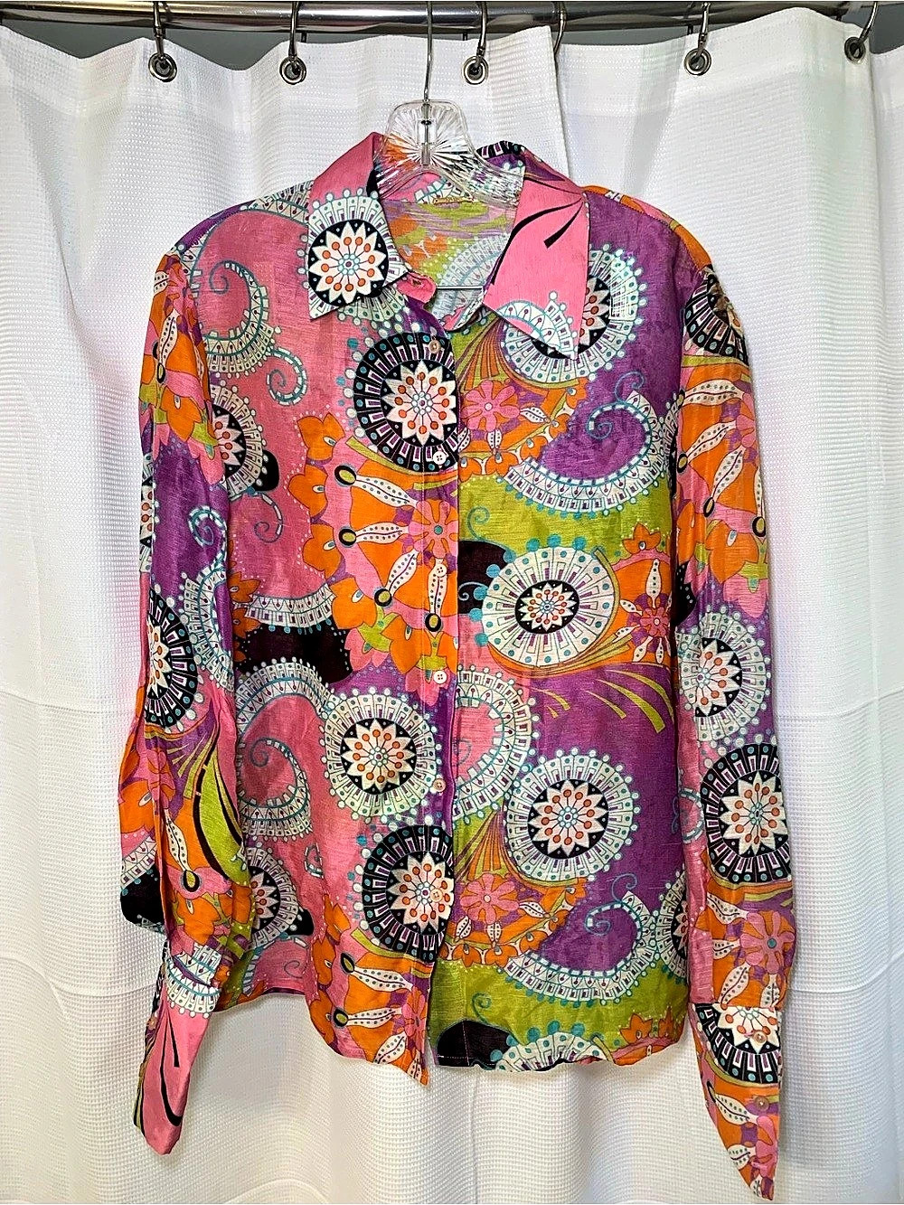 Alexis Paisley Print Linen Silk Button-Down Shirt, Pink & Purple, Medium